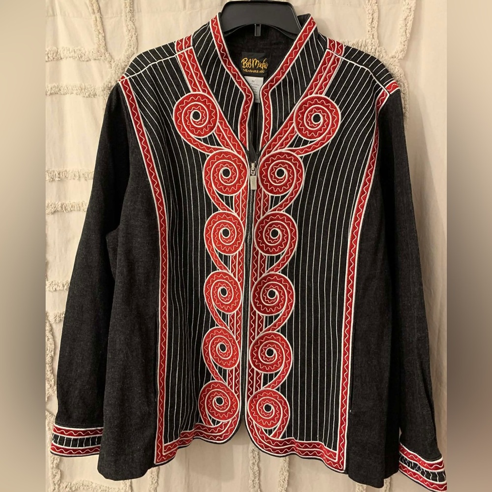 Bob Mackie Wearable Art Black Jacket with Red and White Spiral Embroidery